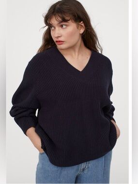 H&M Deep Navy Ribbed V-Neck Sweater